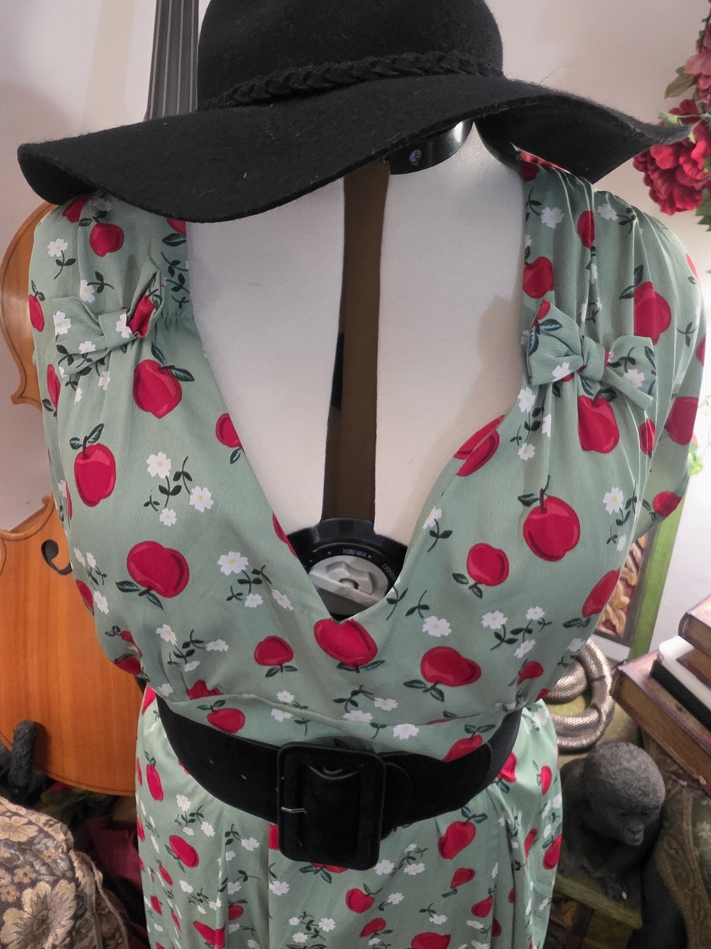 Unique Vintage Mint Green Midi Dress with Red Apple Print - Picture 2 of 3